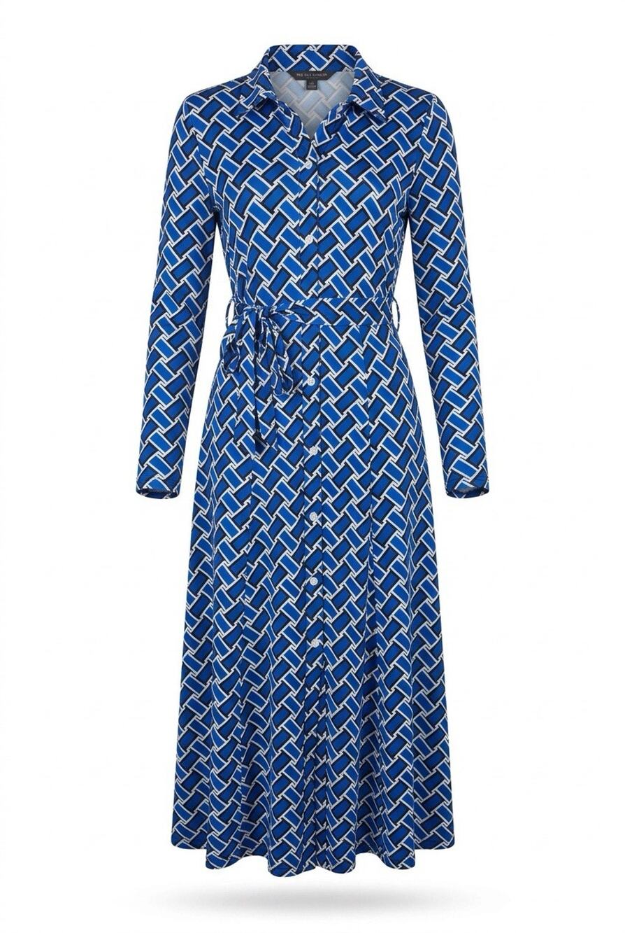 NWT Glamaker Blue Geometric Print Long Sleeve Women's Maxi Shirt Dress Small